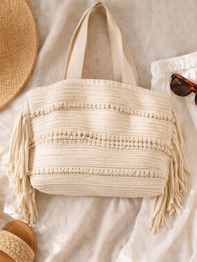 H & M Boho Fringe Tote Bag Cream Neutral Textured Beach Vacation Shoulder Bag